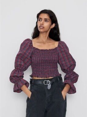 Zara Plaid Puff Sleeve Smocked Cropped Top in Red Navy Blue Sz S Boho Tartan 90s